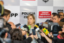 A delegada Camila Cecconelo concede entrevista coletiva nesta quarta-feira (25), para falar sobre o interrogatório do suspeito pelo homicídio da menina Rachel Genofre. A Polícia Civil do Paraná interrogou o suspeito nesta terça-feira (24), em Sorocaba, onde está preso. Foto: Geraldo BUbniak/AEN