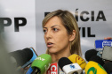 A delegada Camila Cecconelo concede entrevista coletiva nesta quarta-feira (25), para falar sobre o interrogatório do suspeito pelo homicídio da menina Rachel Genofre. A Polícia Civil do Paraná interrogou o suspeito nesta terça-feira (24), em Sorocaba, onde está preso. Foto: Geraldo BUbniak/AEN