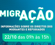 Cartaz do projeto MigrAção, informações sobre sobre os direitos dos migrantes e refugiados