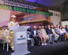 O governador Carlos Massa Ratinho Jr inaugura Nova Sede dos Bombeiros em Colombo. Com a palavra o coronel Manoel Vasco de Figueiredo Júnior, comandante do Corpo de Bombeiros