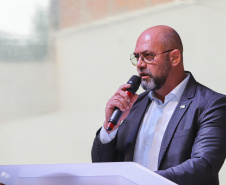 O governador Carlos Massa Ratinho Jr inaugura Nova Sede dos Bombeiros em Colombo. Com a palavra o secretário estadual de Segurança Pública, coronel Hudson Teixeira