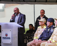 O governador Carlos Massa Ratinho Jr inaugura Nova Sede dos Bombeiros em Colombo. Com a palavra o secretário estadual de Segurança Pública, coronel Hudson Teixeira