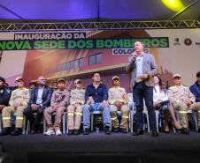 O governador Carlos Massa Ratinho Jr inaugura Nova Sede dos Bombeiros em Colombo. Com a palavra o prefeito de Colombo, Helder Lazarotto