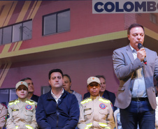 O governador Carlos Massa Ratinho Jr inaugura Nova Sede dos Bombeiros em Colombo. Com a palavra o prefeito de Colombo, Helder Lazarotto