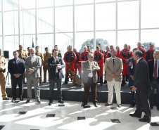 O governador Carlos Massa Ratinho Junior homenageou, nesta segunda-feira (1/4) bombeiros do Estado e profissionais de outras áreas enviados pelo Paraná para apoio aos trabalhos em Brumadinho (MG), após o rompimento da barragem da Mina do Feijão. Curitiba, 01-04-19.Foto: Arnaldo Alves / ANPr.