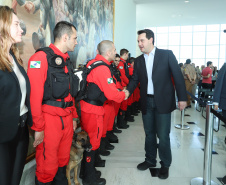 O governador Carlos Massa Ratinho Junior entregou nesta segunda-feira (1º) medalhas de mérito às equipes do Corpo de Bombeiros, Polícia Militar, Polícia Científica e Defesa Civil que ajudaram nas operações de busca e salvamento em Brumadinho, Minas Gerais. - Curitiba, 01-04-19.  -  Foto: Rodrigo Félix Leal/ANPr
