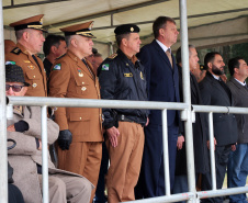 Colombo, 09 de julho de 2019. Passagem de Comando do 22º BPM. Foto: Ten.-Cel. Sérgio Augusto Ramos, Comadante substituído, Cel. Valterlei Mattos de Souza, Comandante do 6º CRPM, Cel. Antonio Carlos de Morais, Subcomandante-Geral da PMPR, Cel. R1 do Exército Pedro Luiz Humphreys Stonoga, Diretor Geral da SESP, Cel RR Chehade Elias Geha e Cel RR Éveron Cesar Puchetti Ferreira.