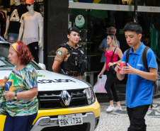 Policiais Militares em ocorrência nesta sexta-feira (8) Dia Internacional da Mulher no centro de Curitiba.   Curitiba, 08/03/2019 -  Foto: Geraldo Bubniak/ANPr