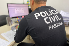 policial civil de costas para a foto, olhando para um computador. Ele está sentado em frente a uma mesa