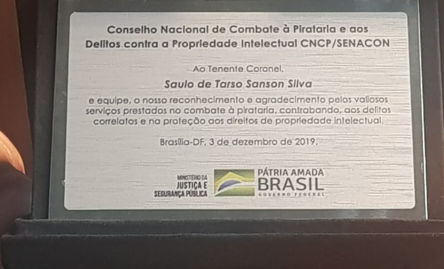 BPFron é premiado em Brasília (DF) pelo Conselho Nacional de Combate à Pirataria