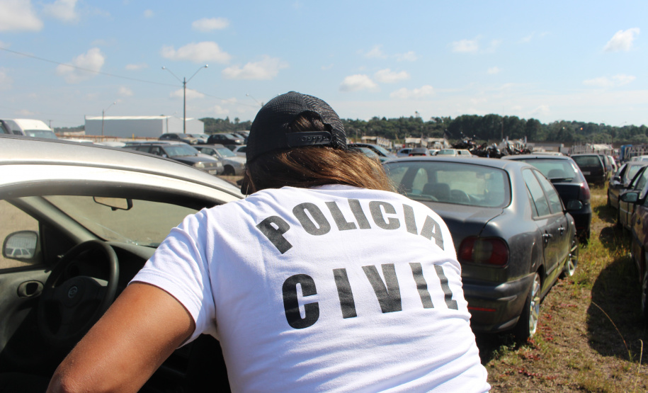 Polícia Civil e Vigilância Sanitária fazem ação contra a dengue no pátio de veículos apreendidos, em São José dos Pinhais