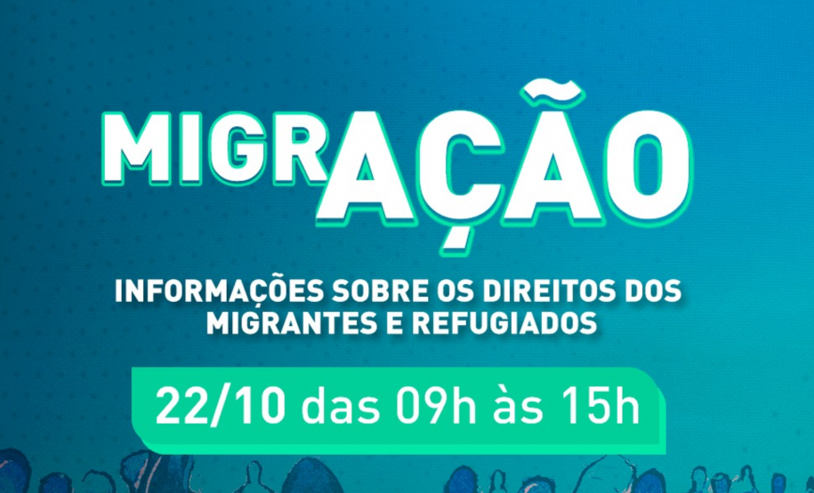 Cartaz do projeto MigrAção, informações sobre sobre os direitos dos migrantes e refugiados