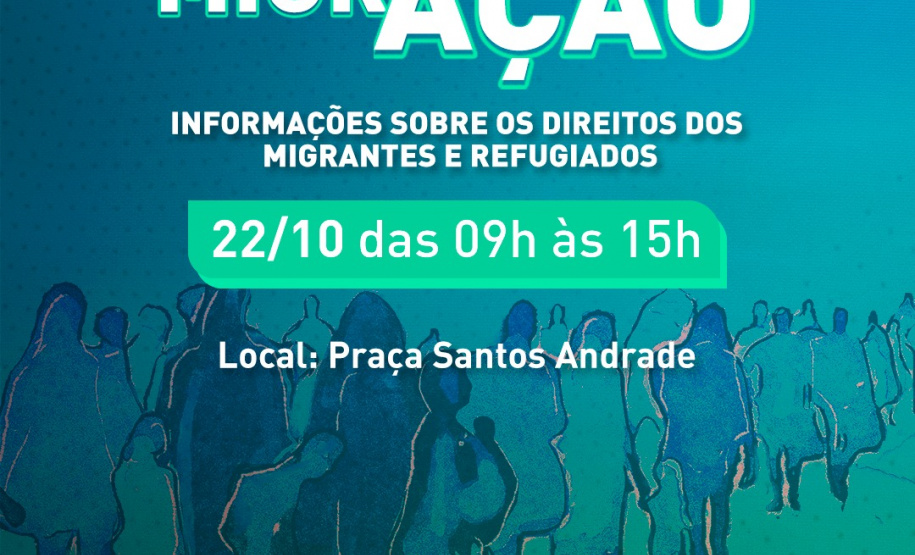 Cartaz do projeto MigrAção, informações sobre sobre os direitos dos migrantes e refugiados