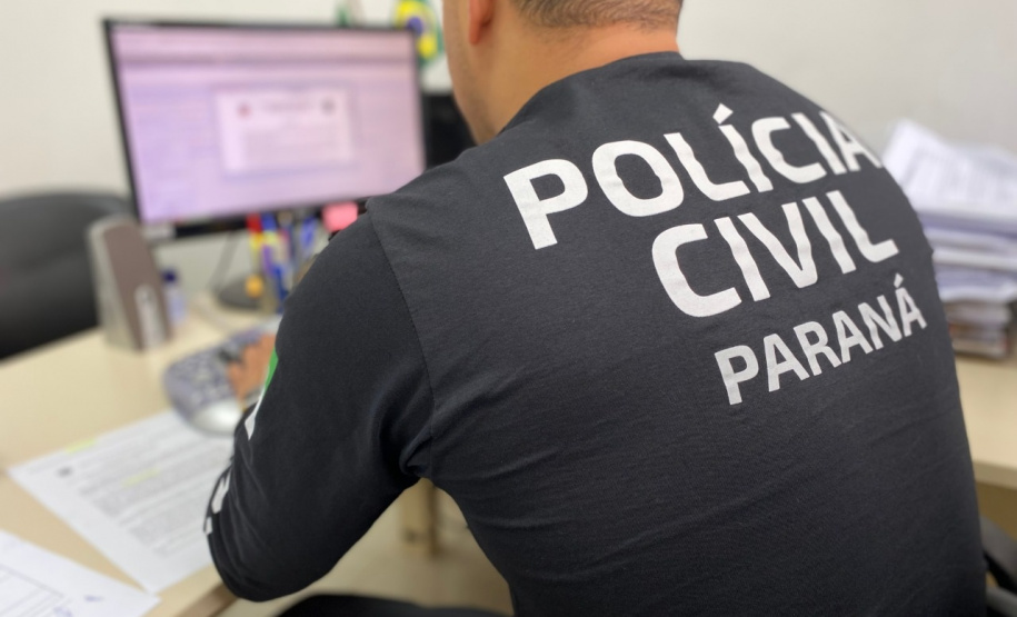 policial civil de costas para a foto, olhando para um computador. Ele está sentado em frente a uma mesa