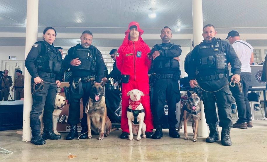 Cães da Polícia Penal são atração do Litoral Cidadão; no centro, Kira do Corpo de Bombeiros.