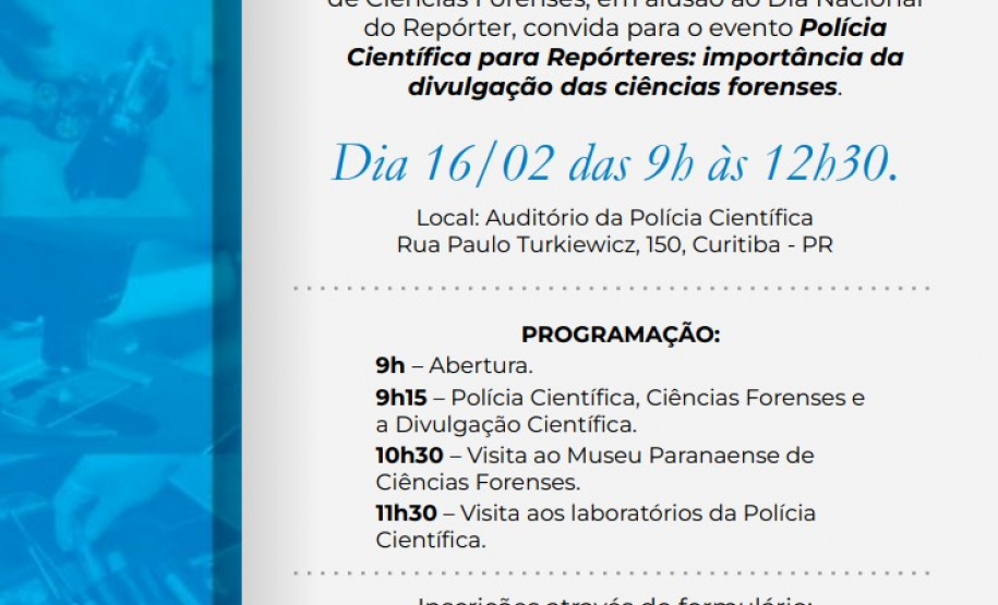 Polícia Científica abre as portas para repórteres e estudantes na próxima quinta-feira (16)