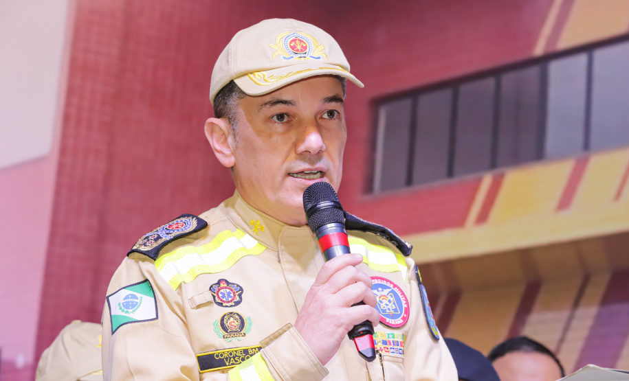 O governador Carlos Massa Ratinho Jr inaugura Nova Sede dos Bombeiros em Colombo. Com a palavra o coronel Manoel Vasco de Figueiredo Júnior, comandante do Corpo de Bombeiros