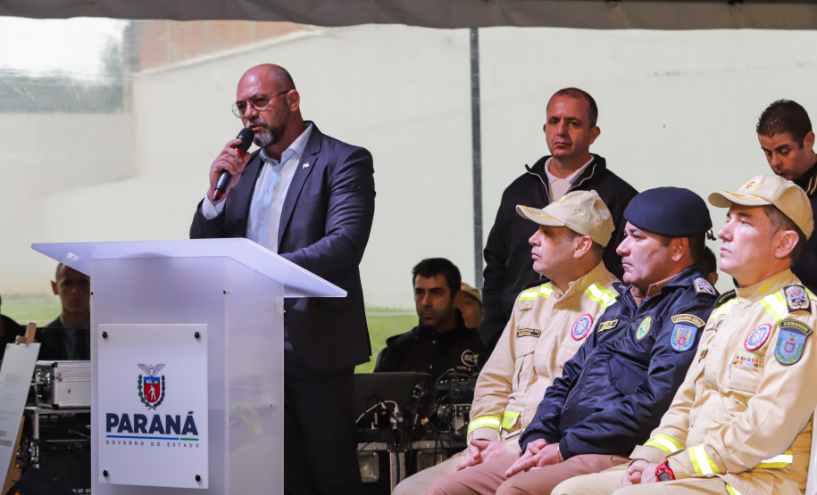 O governador Carlos Massa Ratinho Jr inaugura Nova Sede dos Bombeiros em Colombo. Com a palavra o secretário estadual de Segurança Pública, coronel Hudson Teixeira