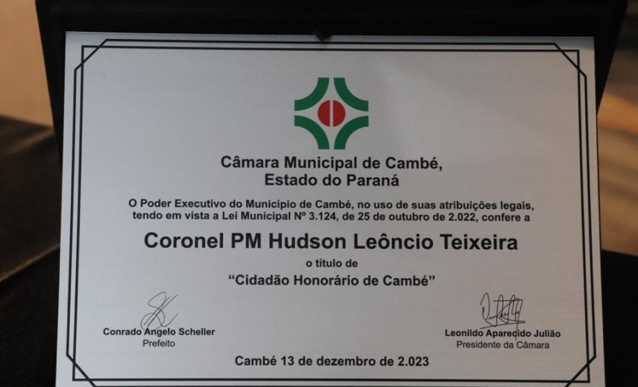 Secretário Hudson recebe o título de cidadão honorário de Cambé e anuncia reforço de 25 policiais para o município