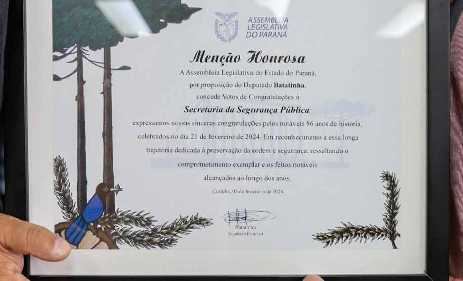 Secretaria de Estado da Segurança Pública recebe Menção Honrosa pelos 86 anos de fundação no Paraná