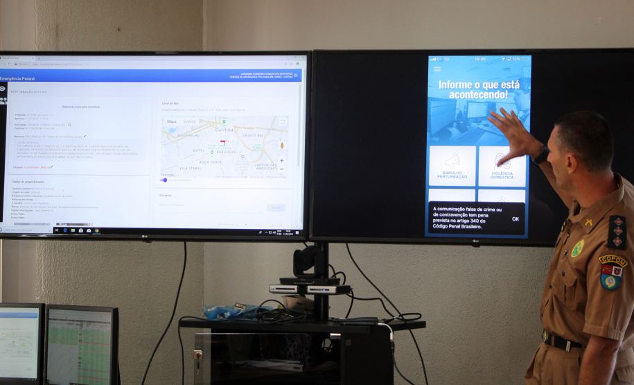 a Polícia Militar do Paraná lançou o APP 190 ? Emergência Paraná para o sistema iOS e também divulgou um balanço dos quatro meses de funcionamento do aplicativo, que está em uso em Curitiba e Região Metropolitana na versão para Android, lançada no início de outubro do ano passado. Na foto, o capitão Claudio Prus. -  Curitiba, 11/02/2019  -  Foto: Soldado Priscilla Carvalho