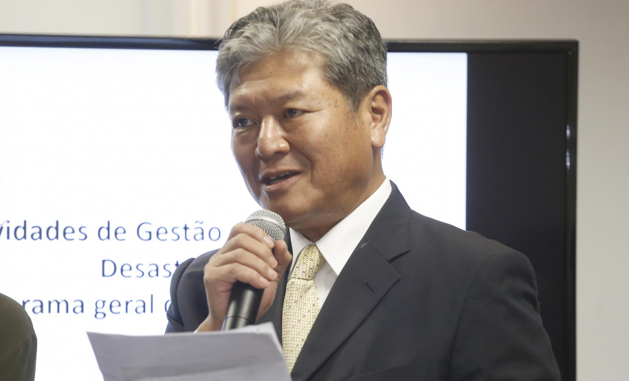 Reunião da Defesa Civil, Simepar e Jica, para discutir resultados do projeto de monitoramento metereológico por radar. N/F: presidente da JRC Brasil, Masaru Saito.Curitiba, 22-04-19.Foto: Arnaldo Alves / ANPr.