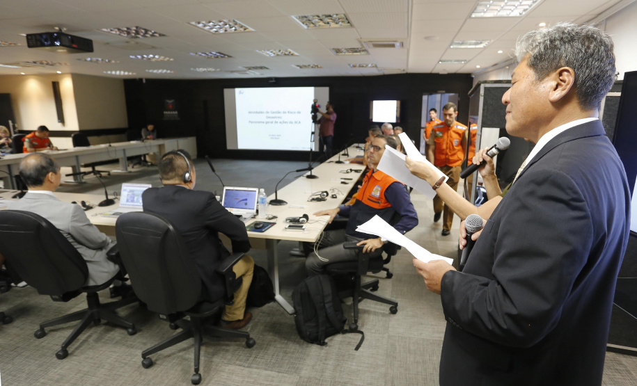 Reunião da Defesa Civil, Simepar e Jica, para discutir resultados do projeto de monitoramento metereológico por radar. N/F: presidente da JRC Brasil, Masaru Saito.Curitiba, 22-04-19.Foto: Arnaldo Alves / ANPr.