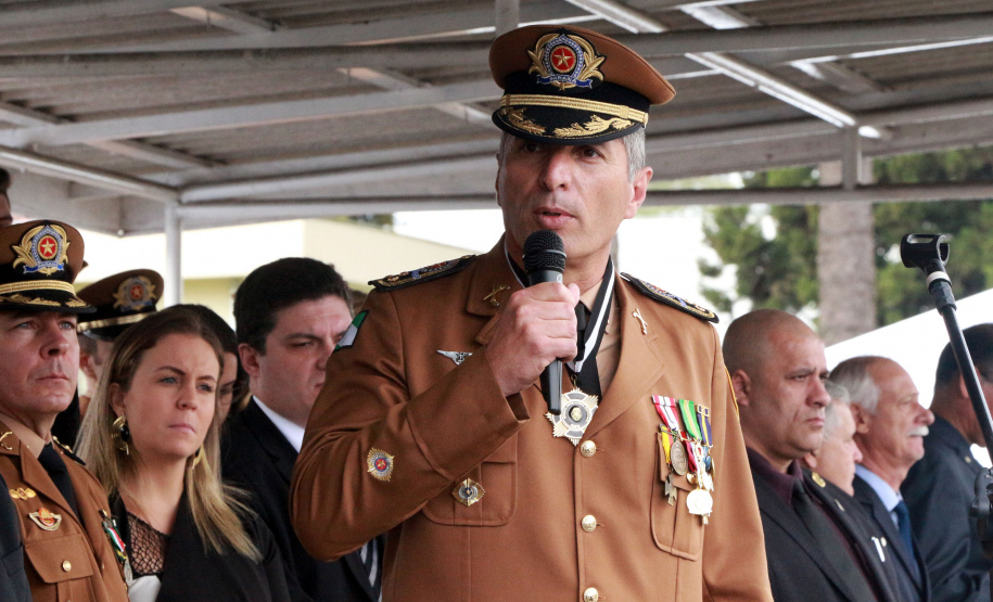 São Jose dos Pinhais, 20 de Maio de 2019. Solenidade alusiva ao Patrono da PMPR. Discurso do Comandante-Geral da PMPR, Cel. Pericles.