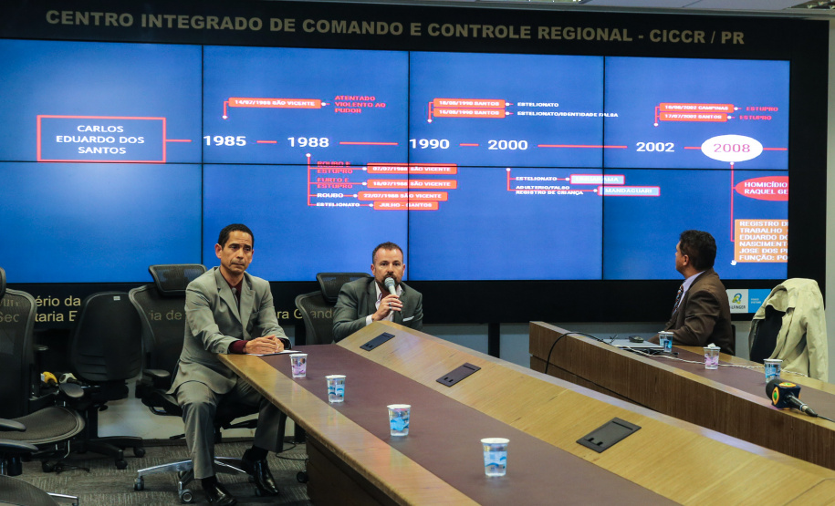 Coletiva de imprensa do secretário da Segurança Pública, coronel Rômulo Marinho Soares, acompanhado do Delegado Geral Adjunto Riad Braga Farhat  e do delegado Marcos Fernando da Silva Fontes, sobre a integração da base de dados entre Paraná, São Paulo e Brasília que permitiu a identificação de uma pessoa suspeita da morte da menina Raquel Genofre,  nesta quinta-feira (19). Curitiba, 19/04/2019 - Foto: Geraldo Bubniak/AEN