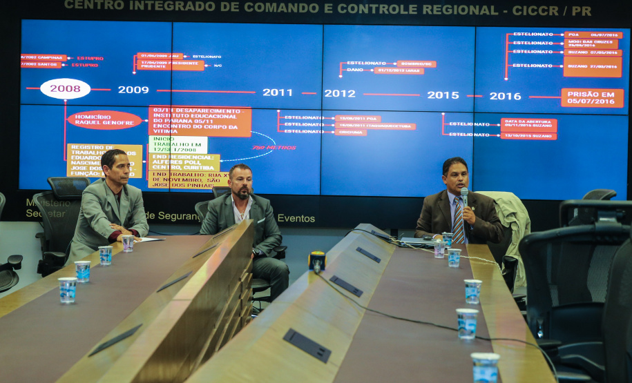 Coletiva de imprensa do secretário da Segurança Pública, coronel Rômulo Marinho Soares, acompanhado do Delegado Geral Adjunto Riad Braga Farhat  e do delegado Marcos Fernando da Silva Fontes, sobre a integração da base de dados entre Paraná, São Paulo e Brasília que permitiu a identificação de uma pessoa suspeita da morte da menina Raquel Genofre,  nesta quinta-feira (19). Curitiba, 19/04/2019 - Foto: Geraldo Bubniak/AEN