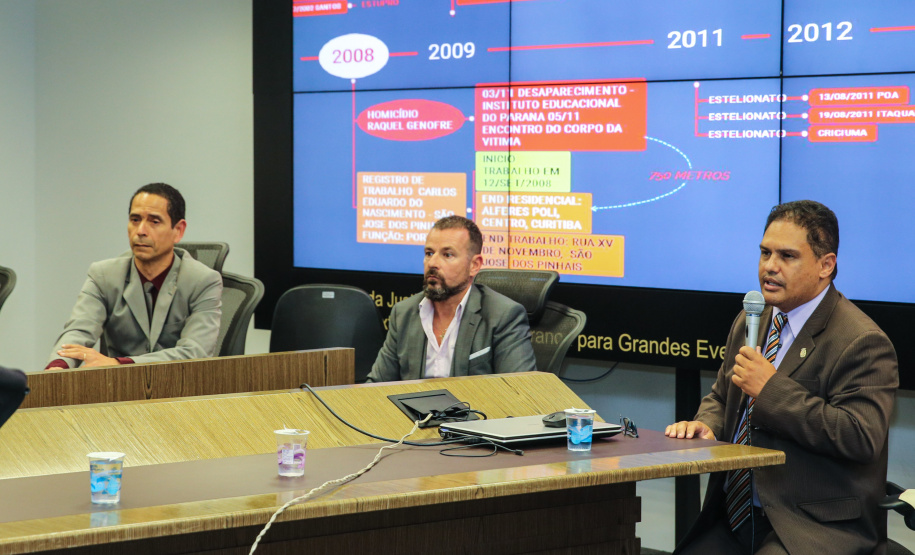 Coletiva de imprensa do secretário da Segurança Pública, coronel Rômulo Marinho Soares, acompanhado do Delegado Geral Adjunto Riad Braga Farhat  e do delegado Marcos Fernando da Silva Fontes, sobre a integração da base de dados entre Paraná, São Paulo e Brasília que permitiu a identificação de uma pessoa suspeita da morte da menina Raquel Genofre,  nesta quinta-feira (19). Curitiba, 19/04/2019 - Foto: Geraldo Bubniak/AEN